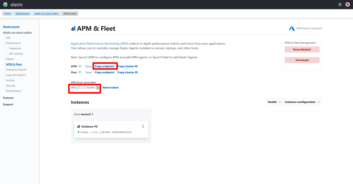 Screenshot of the Elastic APM & Fleet page with Copy endpoint and APM Server secret token highlighted.