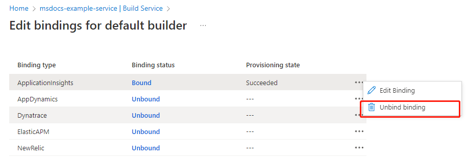 Screenshot of the Azure portal Edit bindings for default builder page with the Unbind binding option highlighted for a selected binding type.