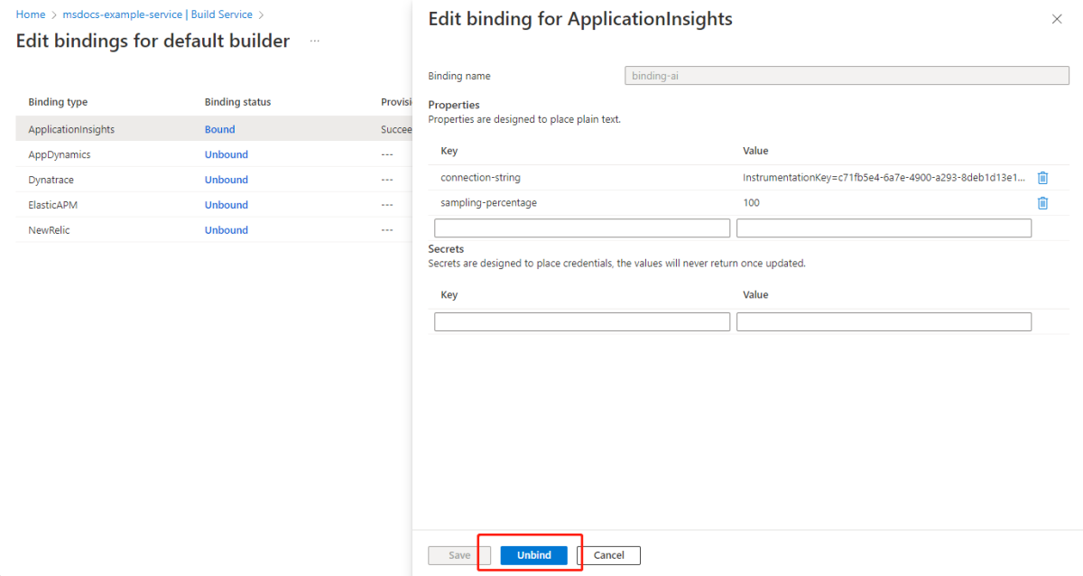 Screenshot of Azure portal showing the Edit binding page with the Unbind button highlighted.