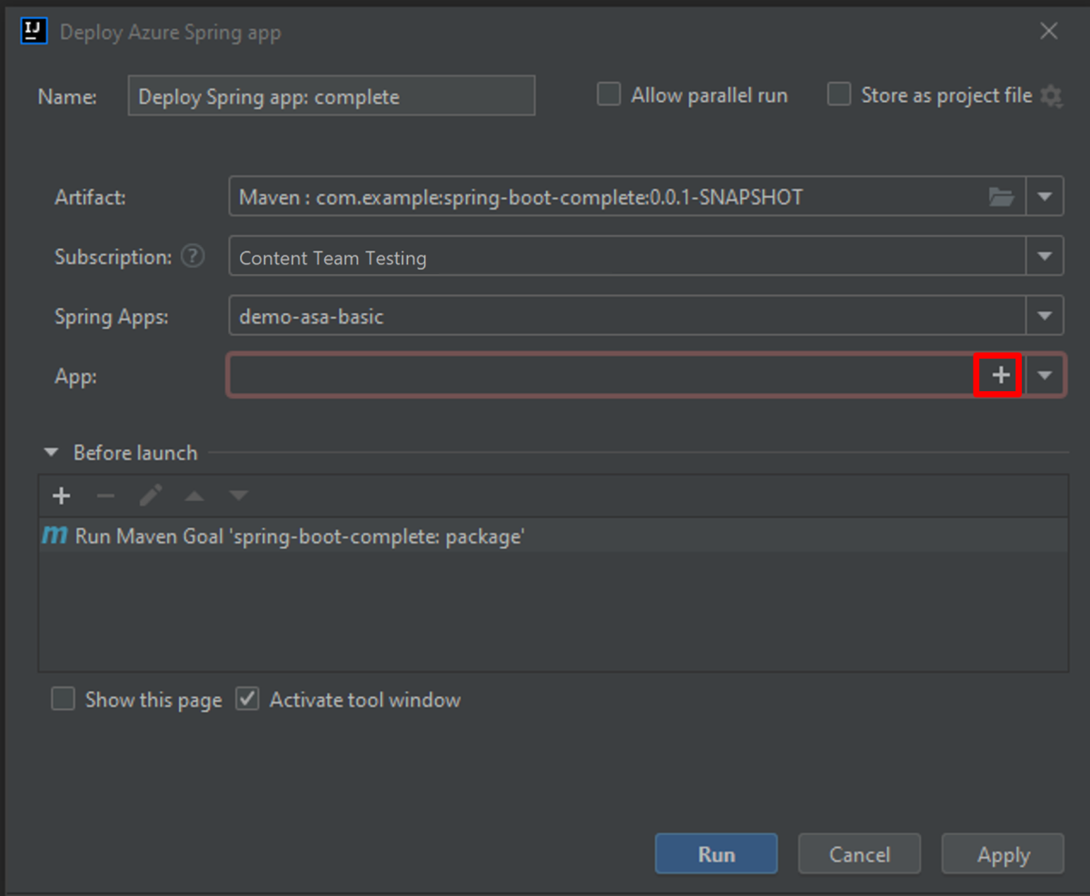 Screenshot of IntelliJ IDEA Deploy Azure Spring app dialog box with plus button highlighted.