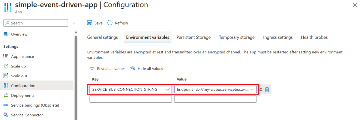 Screenshot of the Azure portal showing the Environment variables tab of the App Configuration page.