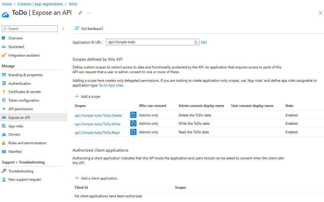 Screenshot of the Azure portal that shows the Expose an API page of a RESTful API application.