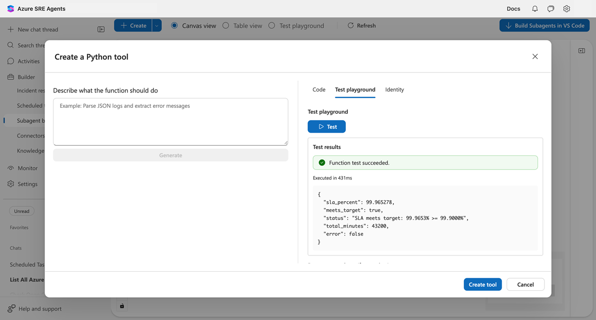 Screenshot of test playground showing successful execution with SLA calculation result.
