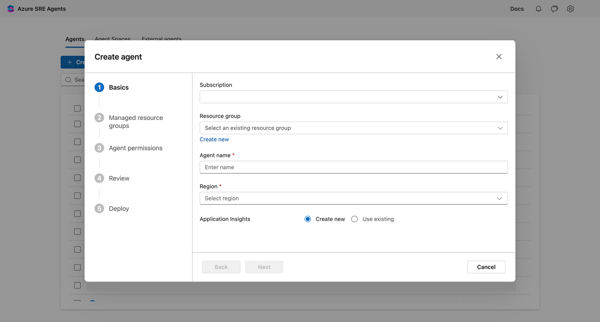 Screenshot of the create agent wizard showing the basics configuration fields.