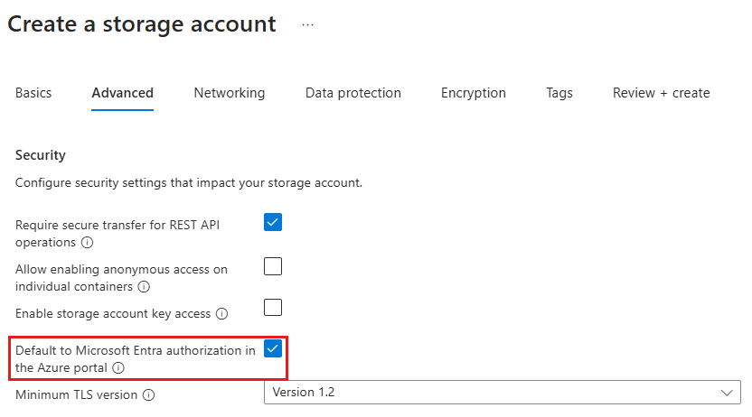 Screenshot showing how to configure default Microsoft Entra authorization in Azure portal for new account