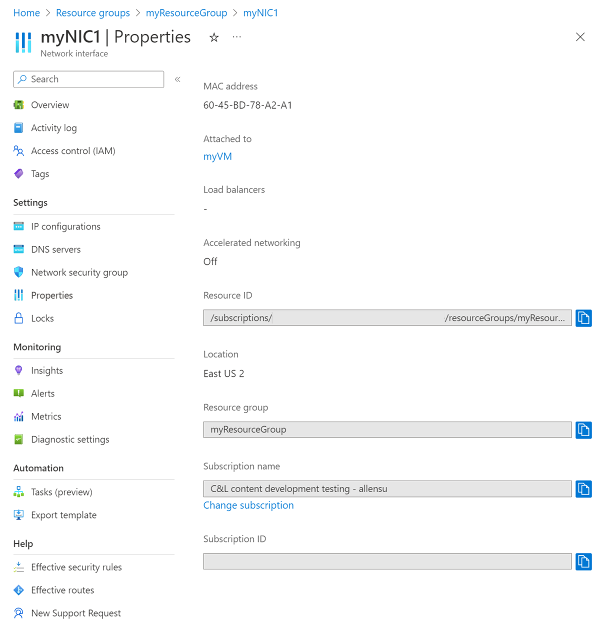 Screenshot of network interface properties.