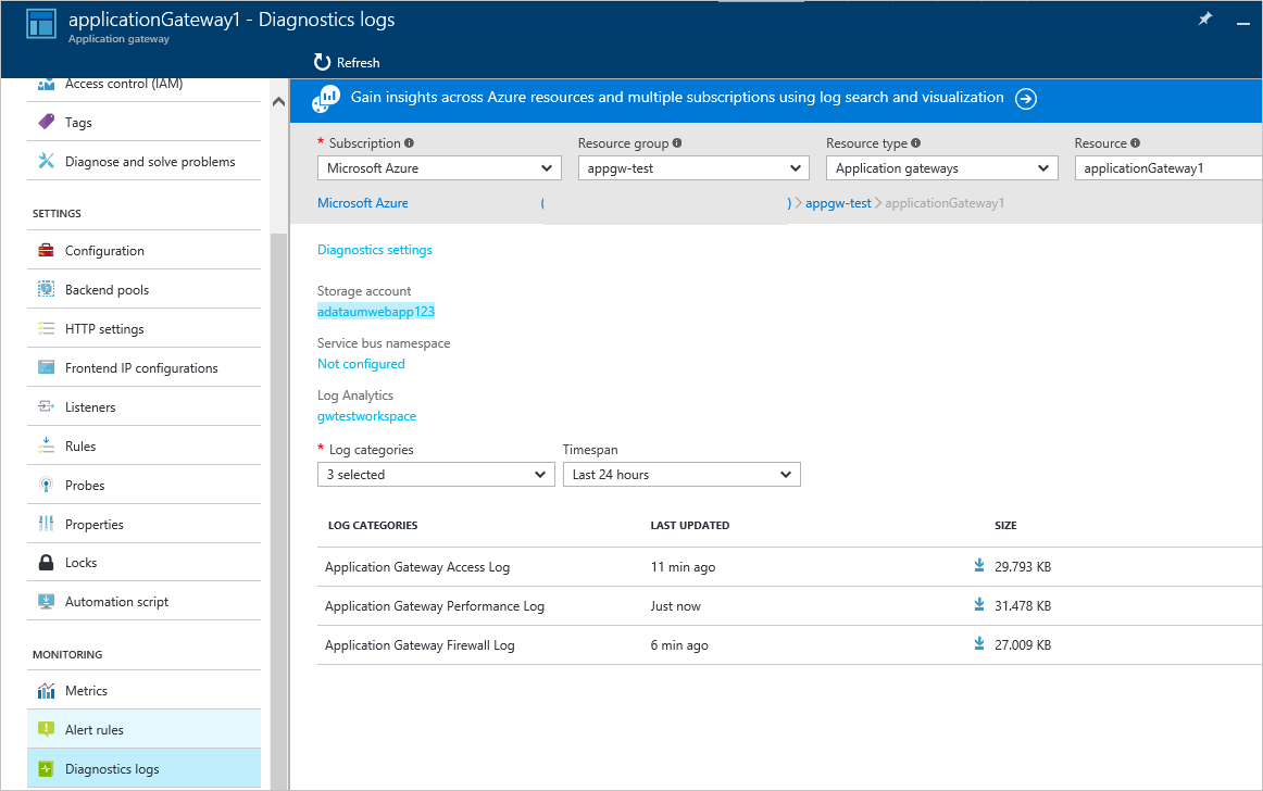 Application Gateway diagnostics logs windows