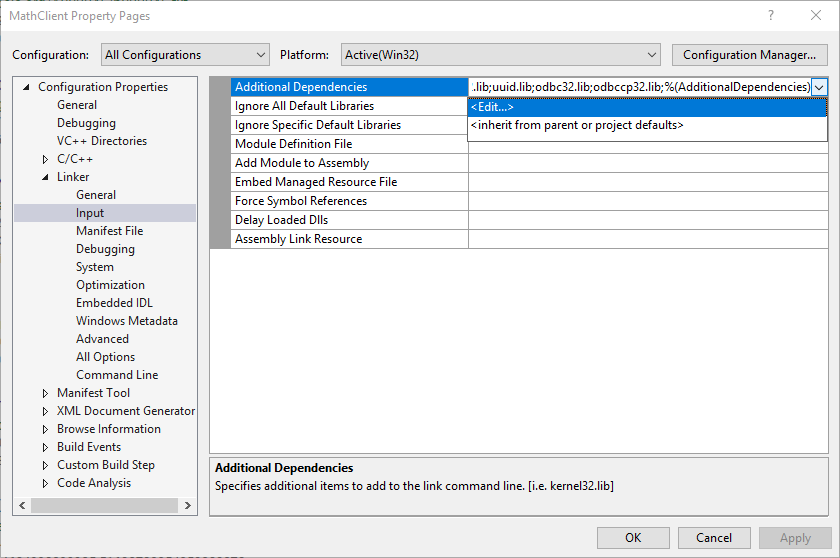 Screenshot of the Property Pages dialog box under Input that shows the Edit command in the Additional Dependencies property dropdown.