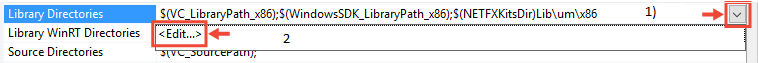 Dialog to edit library paths Detail of the Library Directories property drop-down with the Edit command highlighted.