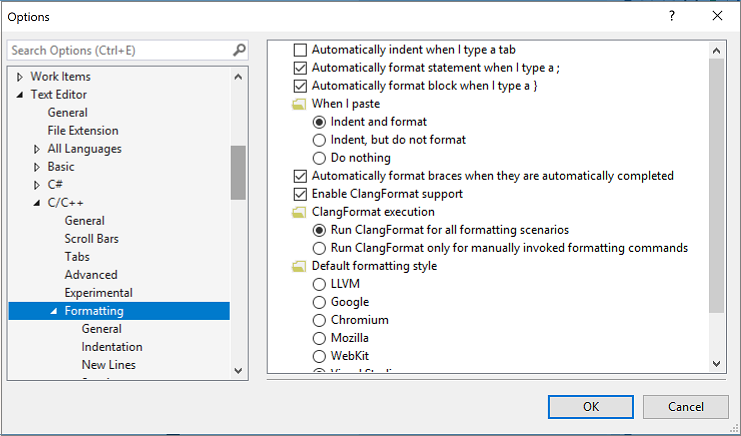 Screenshot showing C++ formatting options such as whether to automatically indent when you type a tab.
