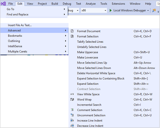 Screenshot showing advanced editing options such a viewing white space, word wrap, commenting a selection, increasing line indent, and more.