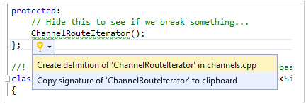 C++ Quick Fix Screenshot showing the quick fix with the Create definition of Channel Route Iterator in channels dot C P P option highlighted.