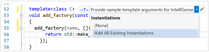 Screenshot of the template bar which has the Add All Existing Instantiations option highlighted.