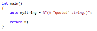 Screenshot showing that the line of code now reads: auto myString = R"(A "quoted" string.)" The interior quotes are no longer escaped.
