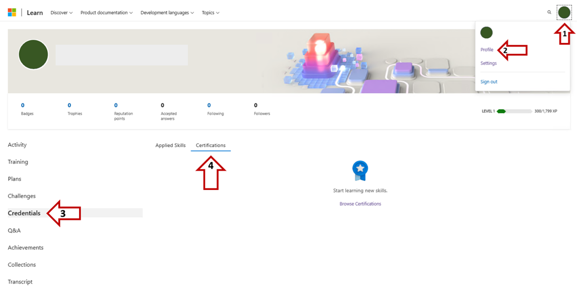 meniul De profil Learn Profile Credentials (Acreditări profil).