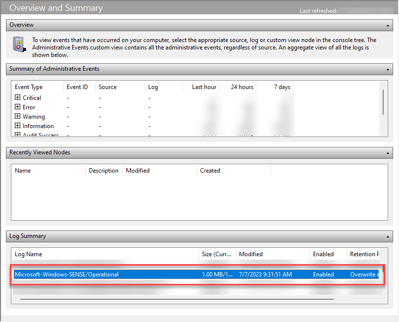 Screenshot of the SENSE operational log in Event Viewer.