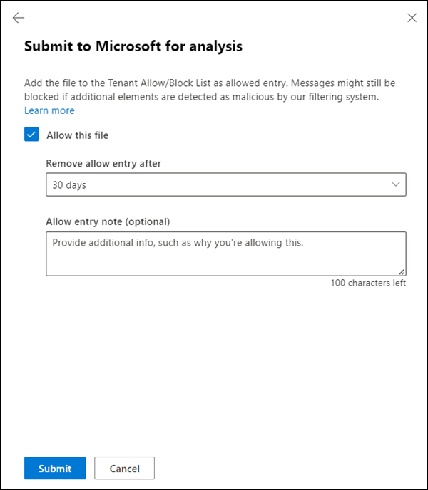 Choose whether to create a corresponding allow entry for the file in the Tenant Allow/Block List.