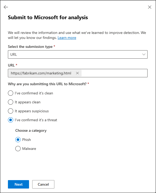 Submit a false negative (bad) URL to Microsoft for analysis on the Submissions page in the Defender portal.