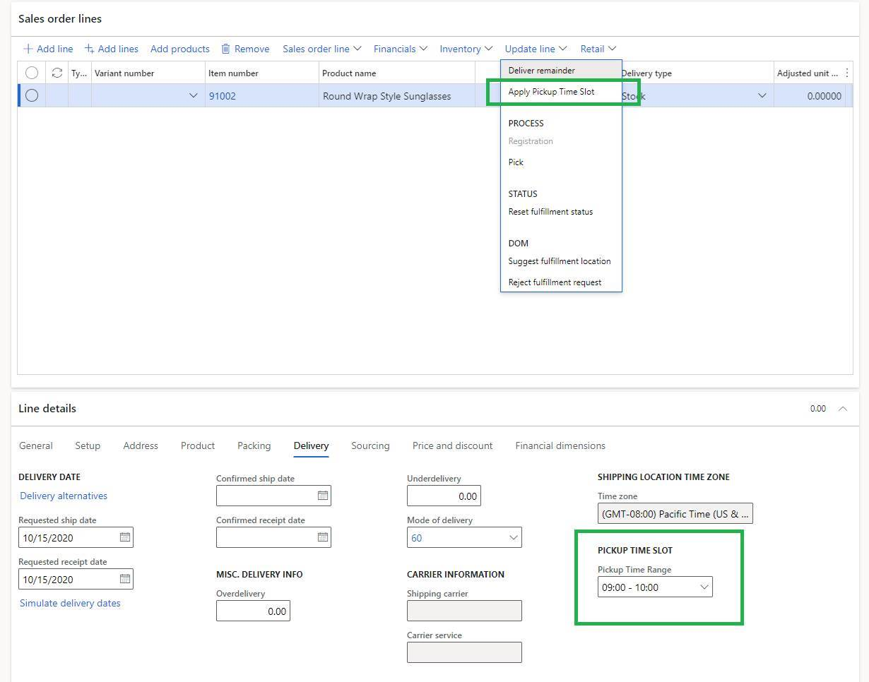 Screenshot of a call center order where a pickup time slot is selected.