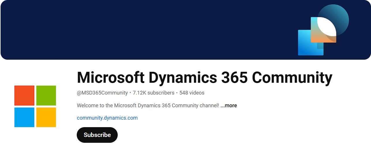 Miniatură a playlisturilor de pe canalul Dynamics 365 de pe YouTube.