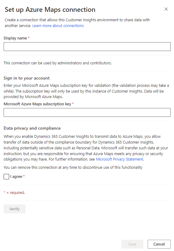 Pagina de configurare a conexiunii Azure Maps.