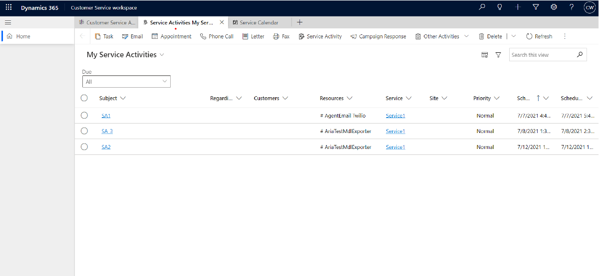 Vizualizați activitățile de servicii în Customer Service workspace.