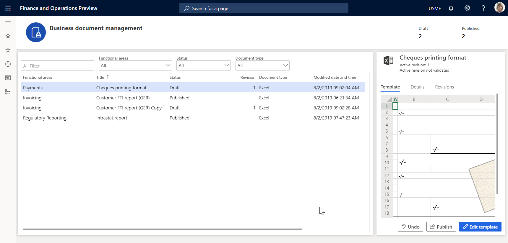 Reject changes to the template on the Business document management workspace page.