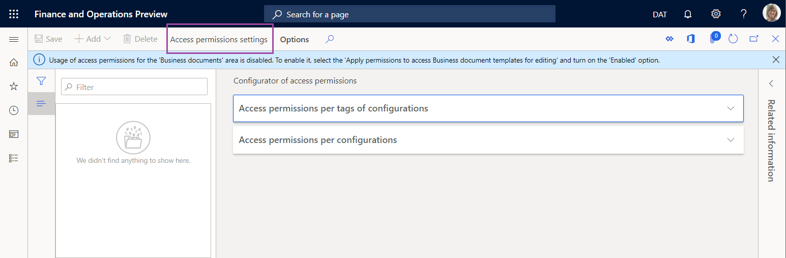 Configurator of Business document management access permissions page.