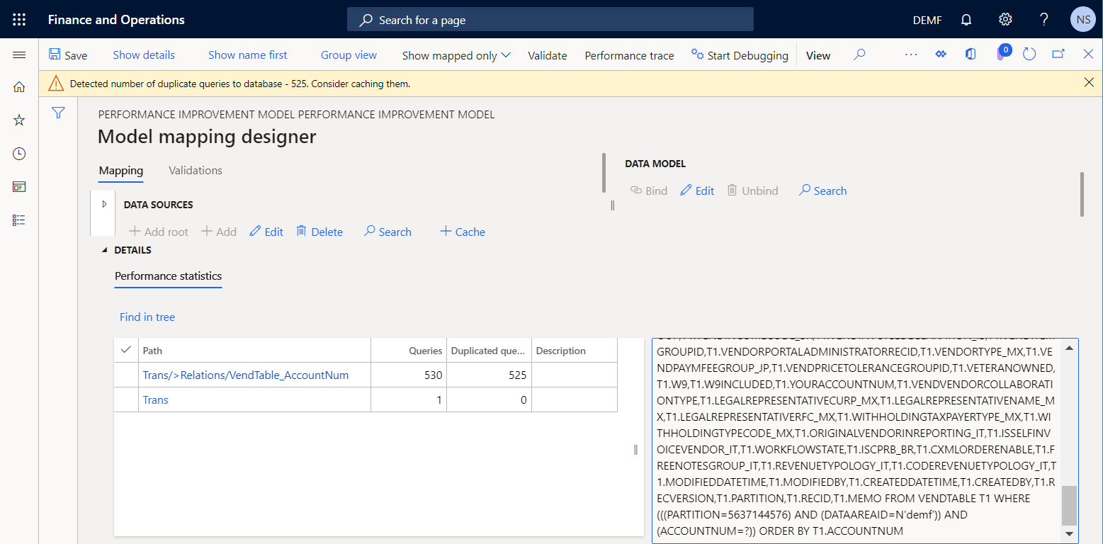 Message about duplicate database requests on the Model mapping designer page.