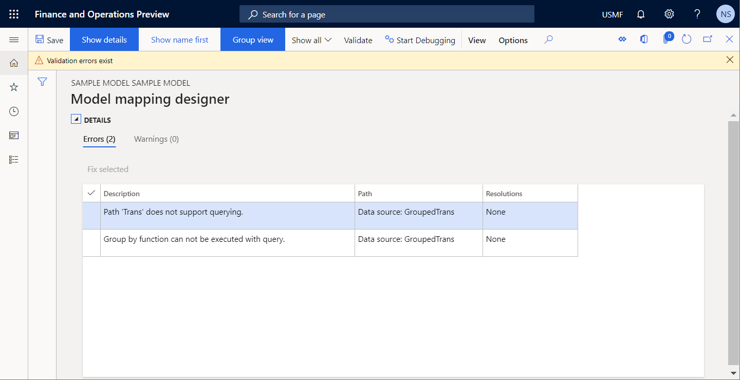 Validating the ER model mapping component and verifing that the GroupedTrans data source can be queried on the Model mapping designer page.