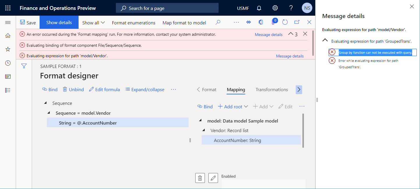 Runtime errors that occur when the warning is ignored on the Format designer page.