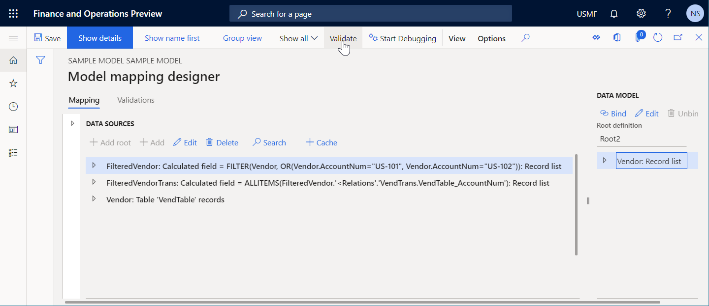 Inspecting the editable model mapping component on the Model mapping designer page.