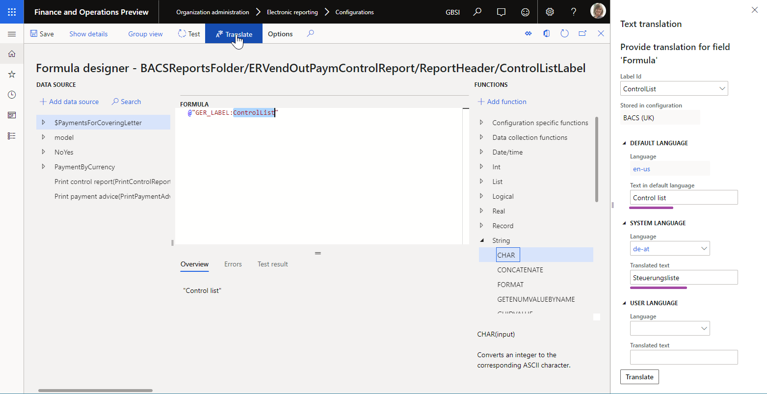 Providing translation of an ER label of the editable ER expression in the ER formula designer.