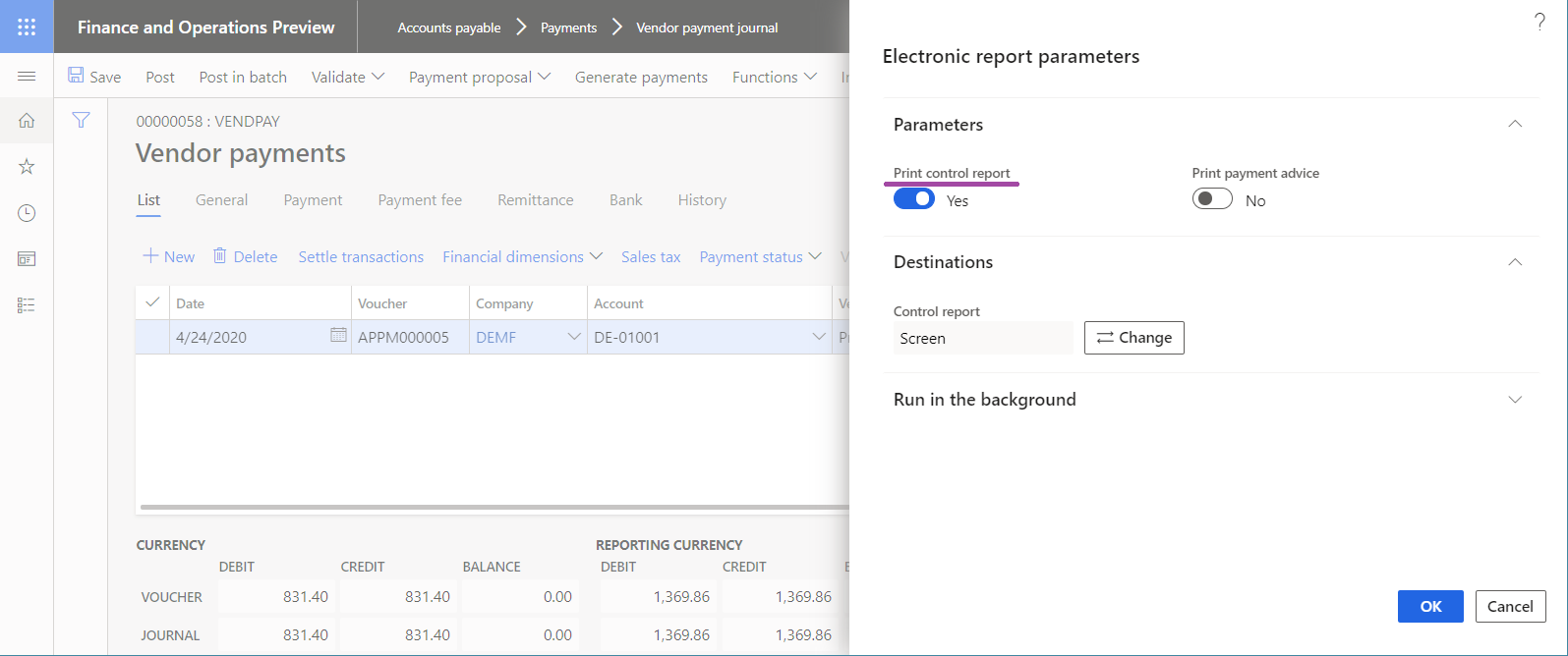 ER Vendor payment processing at runtime for the EN-US user-preferred language.