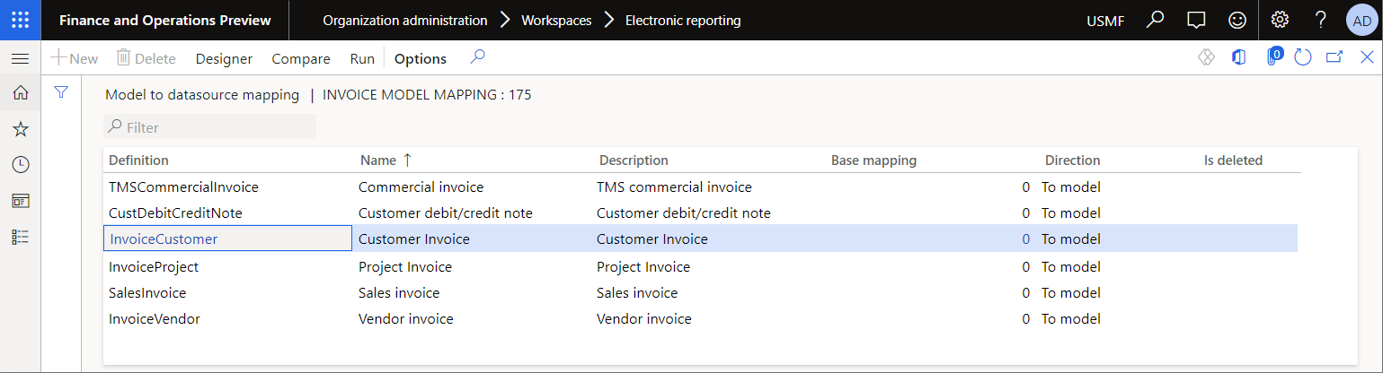 Invoice model mapping on the Model to datasource mapping page.