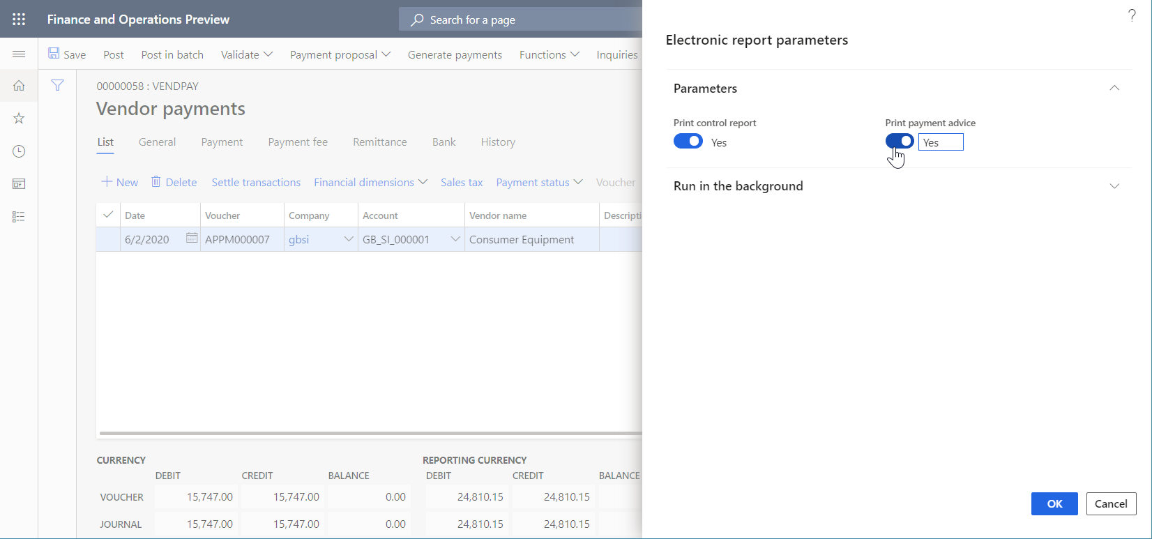 Electronic report parameters dialog box.