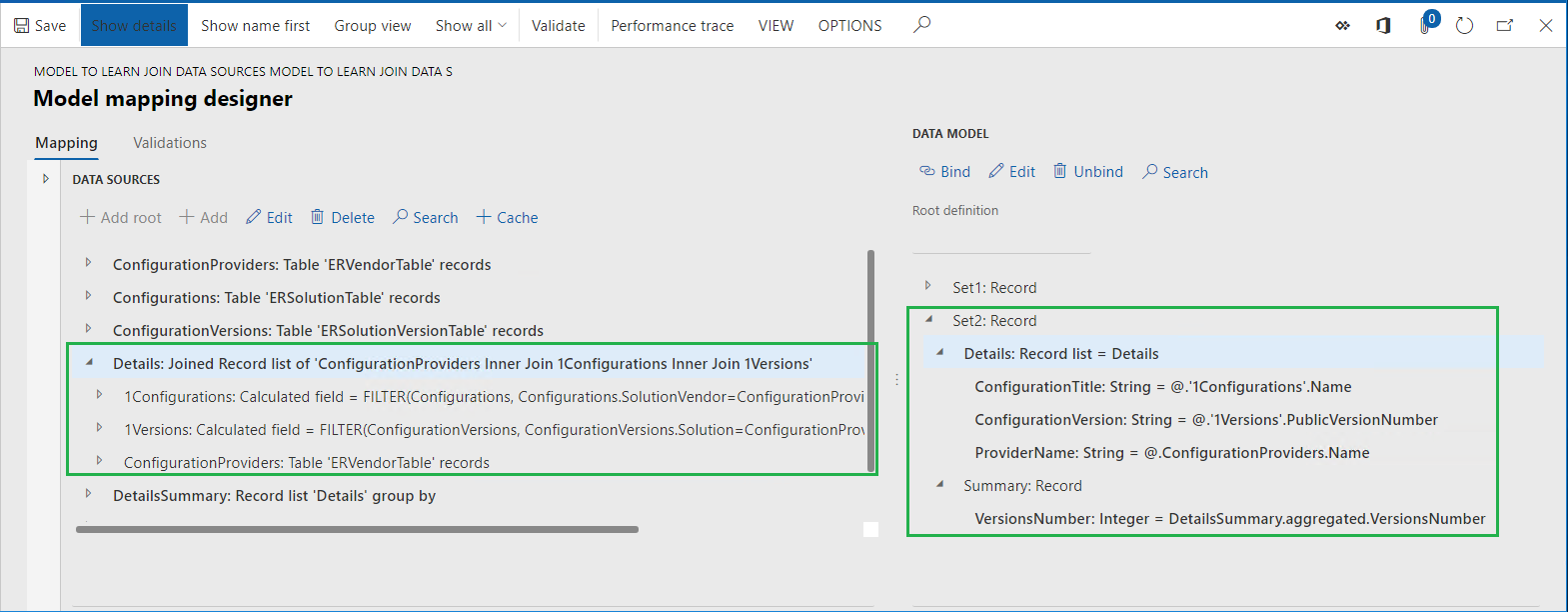 ER model mapping designer page showing expanded Set2:Record data model items.