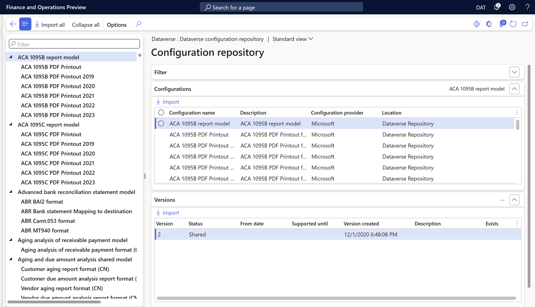 Screenshot of the Configuration repository page, where a version of a configuration is selected for import.