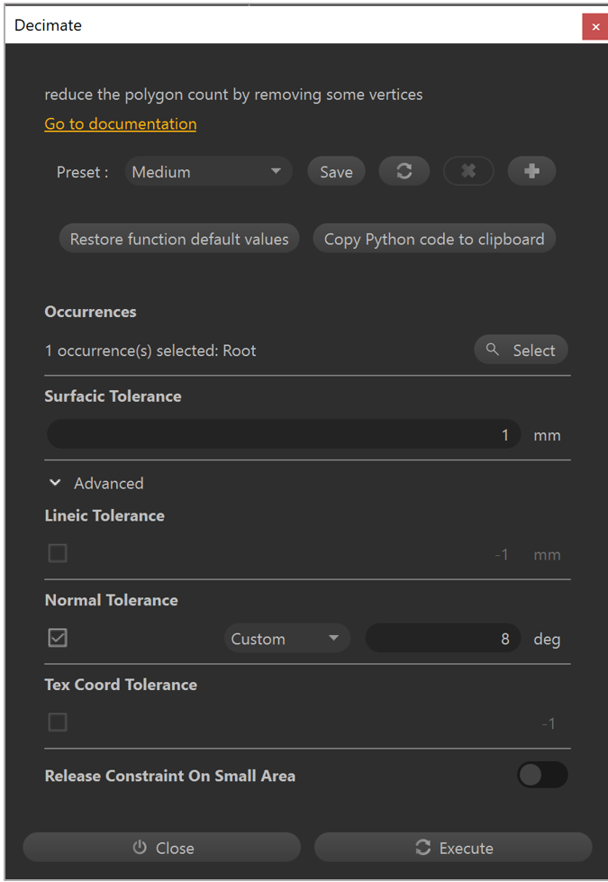 Decimate dialog box showing Preset field Decimate dialog box showing Preset field.