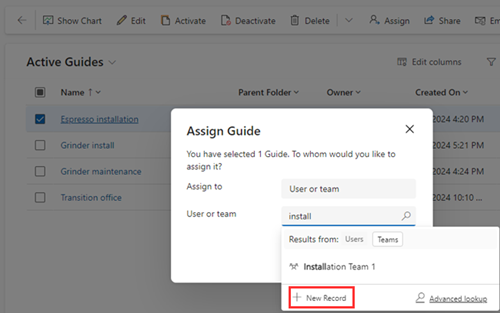 Screenshot of Assign Guide to dialog box with New record button highlighted.