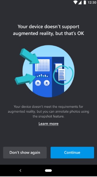 Captură de ecran cu Dynamics 365 Remote Assist pe un dispozitiv mobil, cu notificarea „dispozitivul dvs. nu acceptă realitatea augmentată, dar este în regulă”.