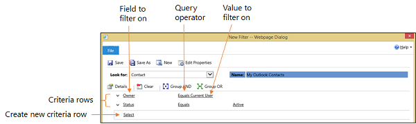 Grila de criterii de filtre de sincronizare sau offline în aplicațiile Dynamics 365.