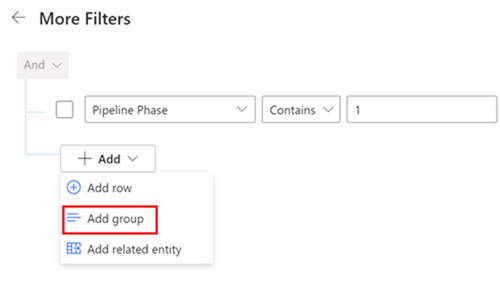 Captură de ecran a opțiunii Adăugați grup din panoul Mai multe filtre.