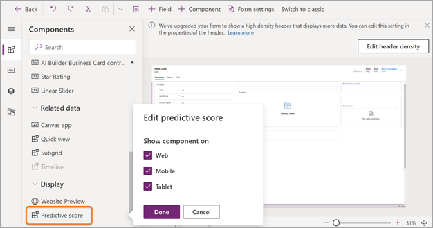 Captură de ecran cu selectarea evaluare predictivă widget pentru afișare în coloana substituent.