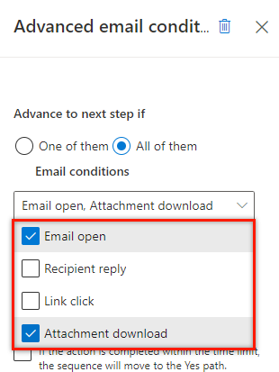 Captură de ecran cu selectarea casetelor de selectare E-mail deschis și Atașament descărcat.