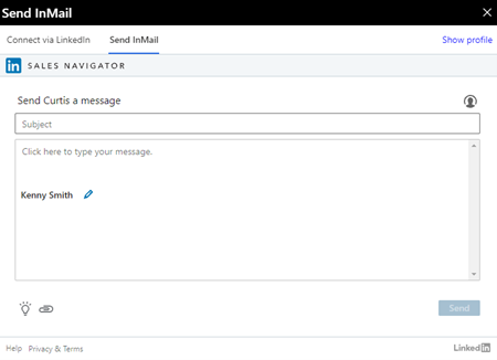 LinkedIn Send InMail panoul lateral.
