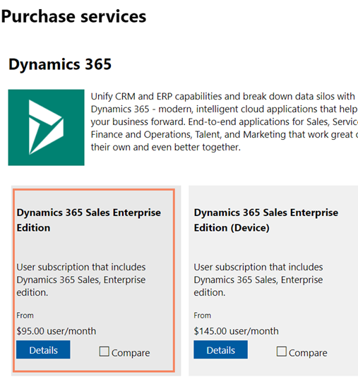 Selectați dala Dynamics 365 Sales Enterprise.