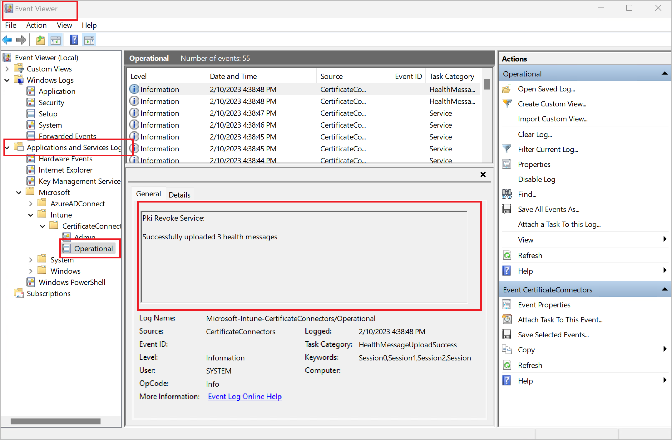 Reviewing the CertificateConnectors log in Event Viewer Reviewing the CertificateConnectors log in Event Viewer.