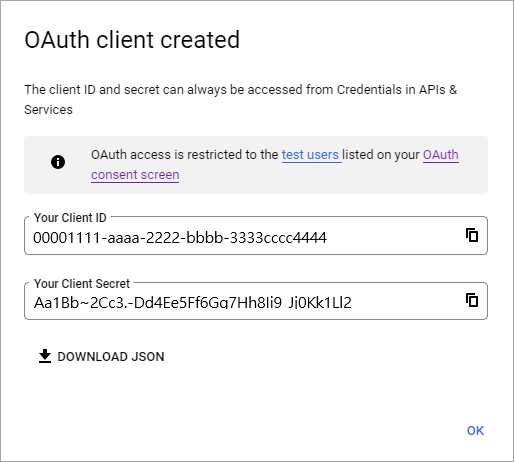 Screenshot that shows the OAuth client ID and client secret.