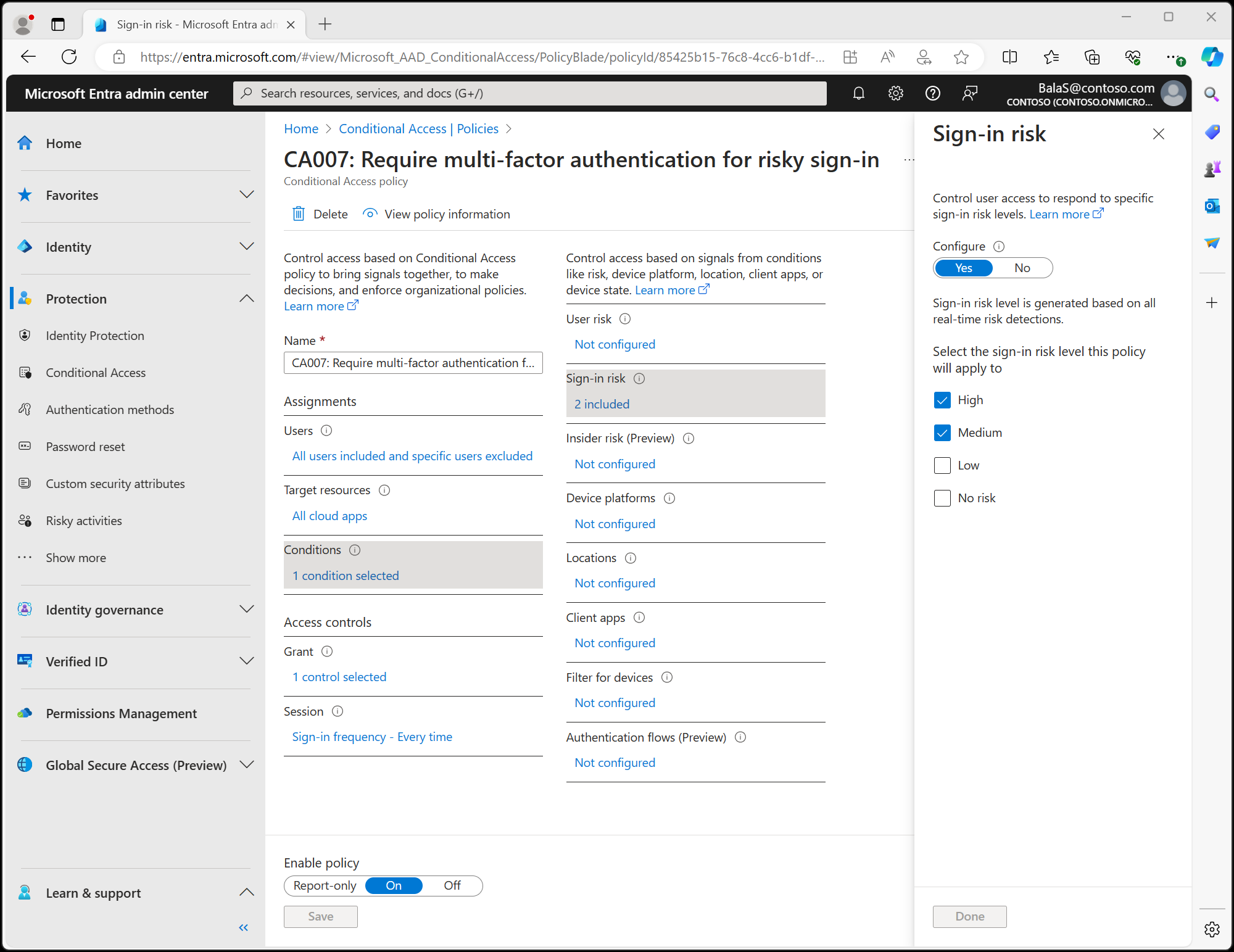 Screenshot of a sign-in risk-based Conditional Access policy.